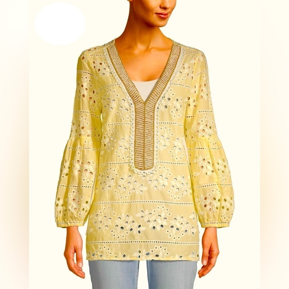 Chicos Embroidered Beaded Cottagecore Grandma Lace Eyelet Shirt